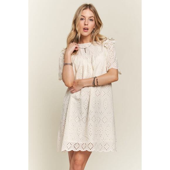 ADORA Ruffle Shoulder Eyelet Round Neck Scallop Edge Detail Mini Dress | Natural - Picture 7 of 8